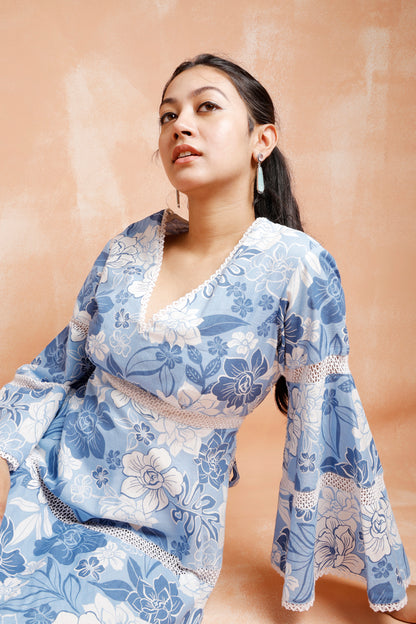 Blue Floral Dress With Lace