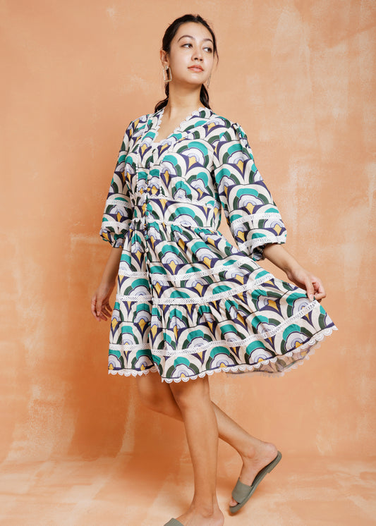 Abstract Print Dress With Lace