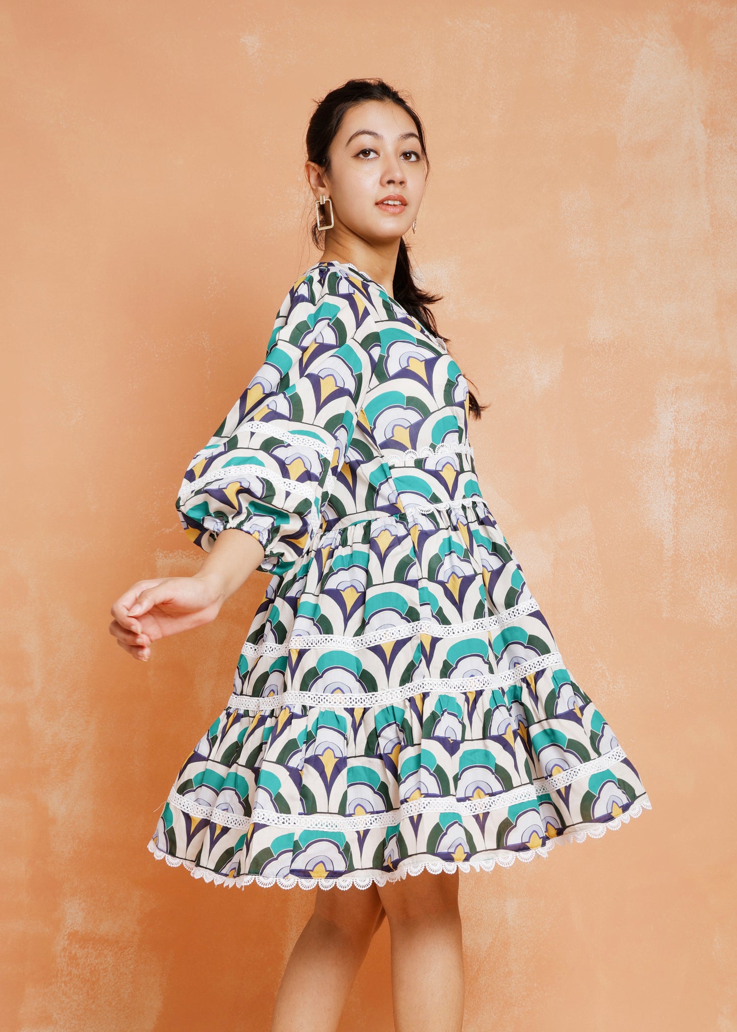 Abstract Print Dress With Lace
