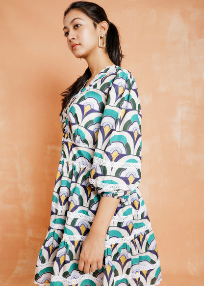 Abstract Print Dress With Lace