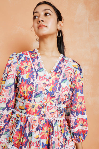 Abstract Print Dress With Lace