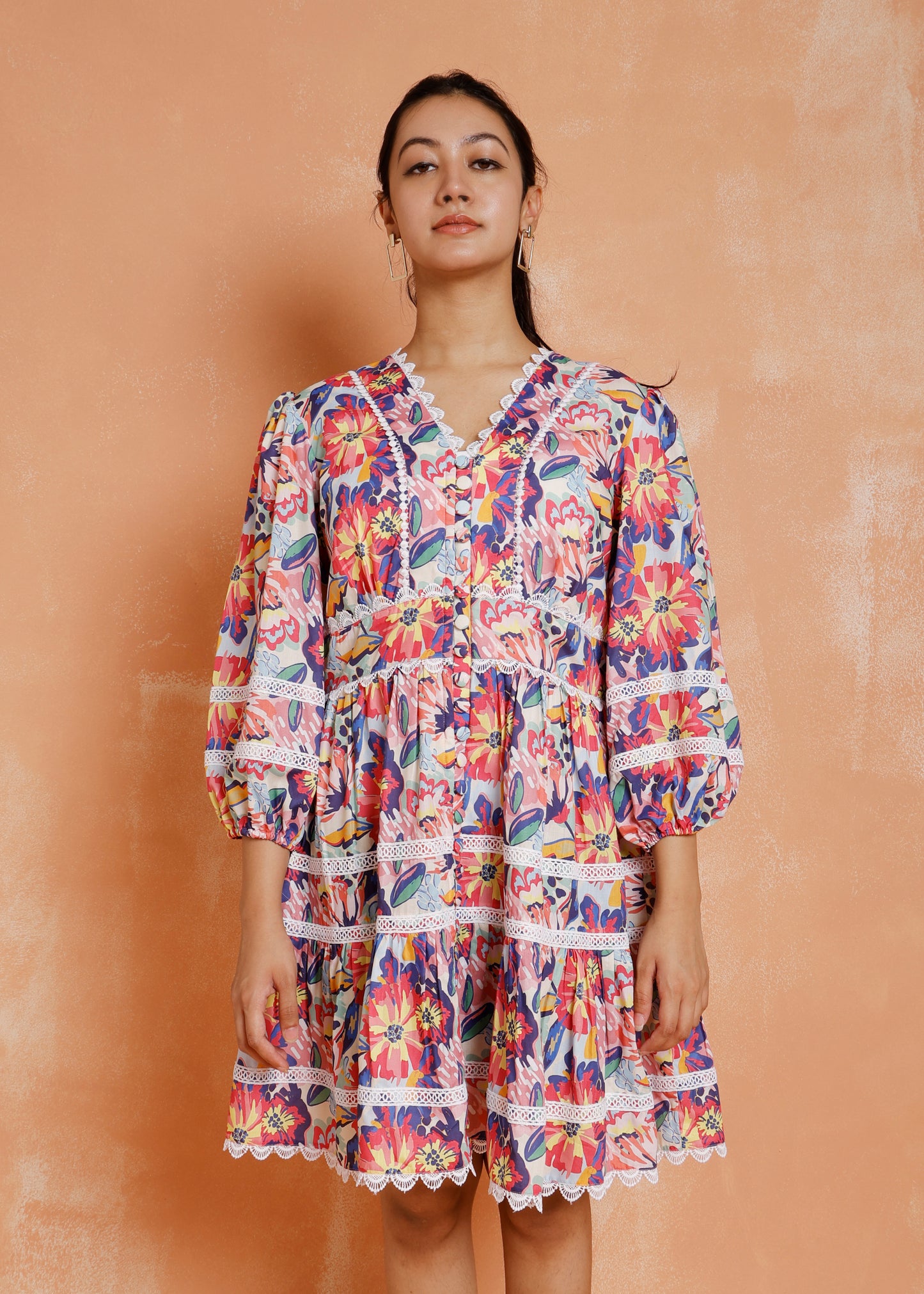 Abstract Print Dress With Lace