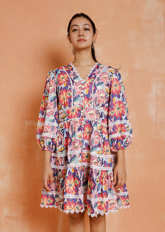 Abstract Print Dress With Lace