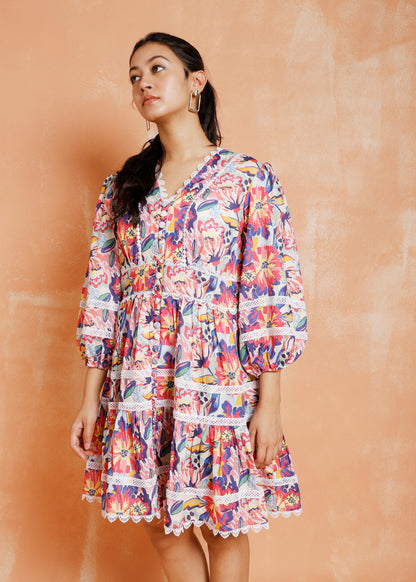 Abstract Print Dress With Lace
