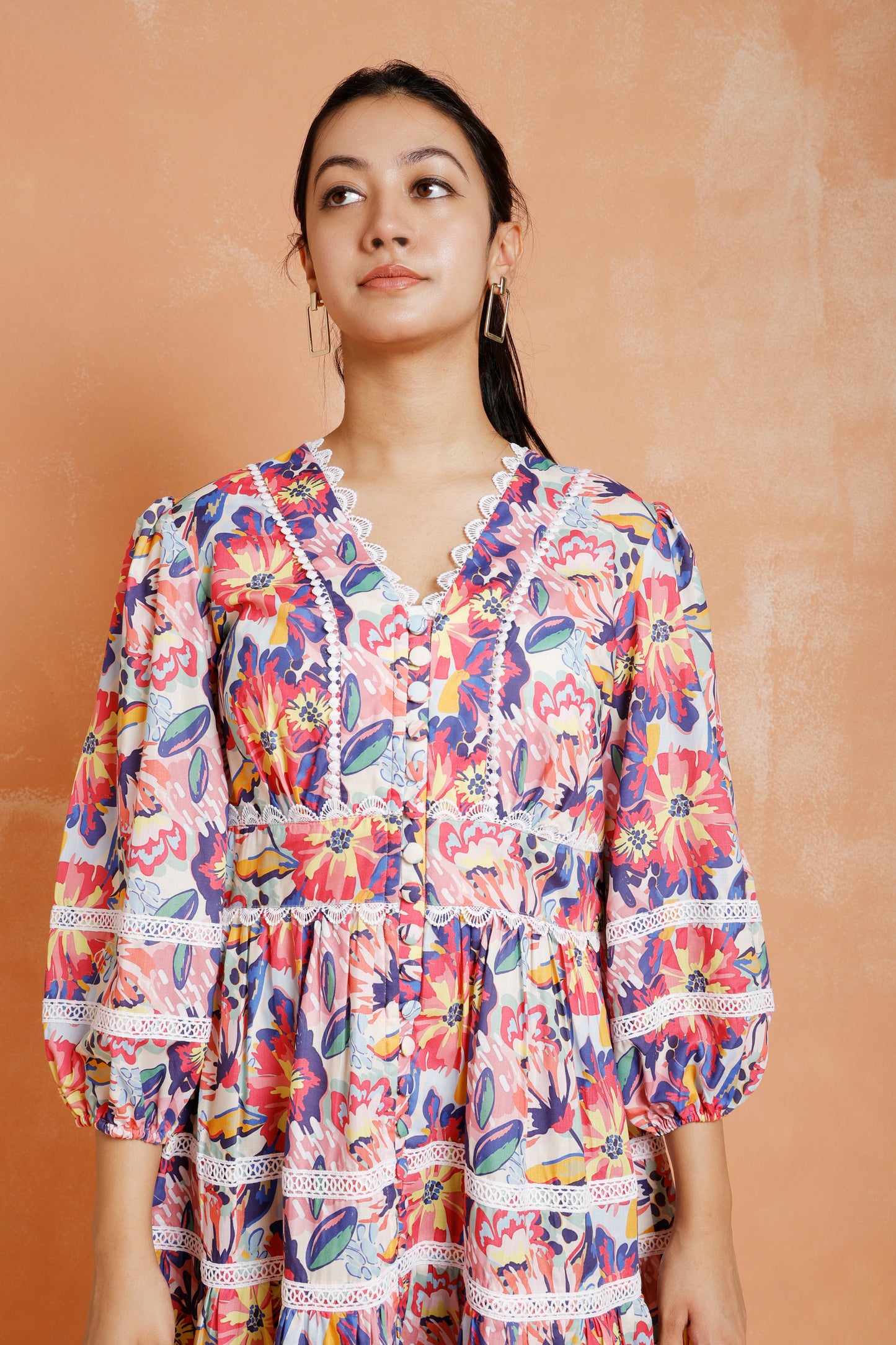 Abstract Print Dress With Lace