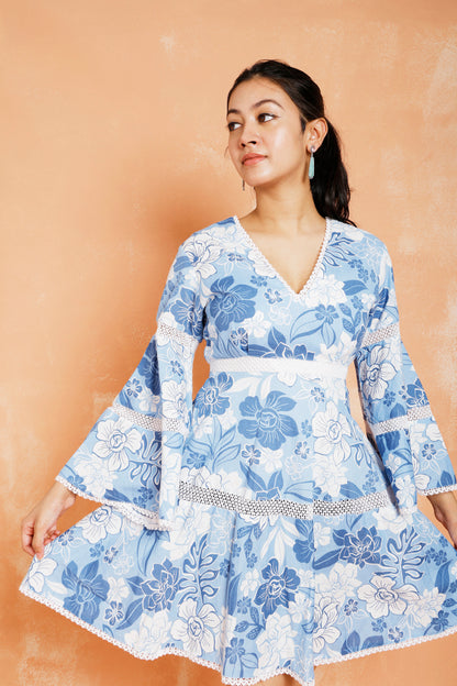 Blue Floral Dress With Lace