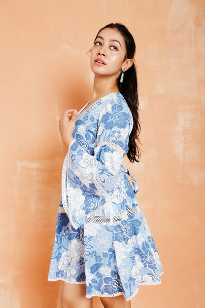 Blue Floral Dress With Lace