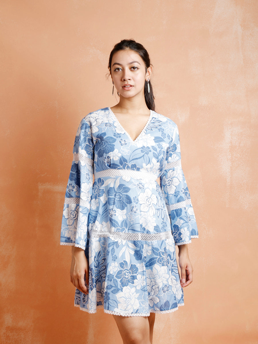 Blue Floral Dress With Lace