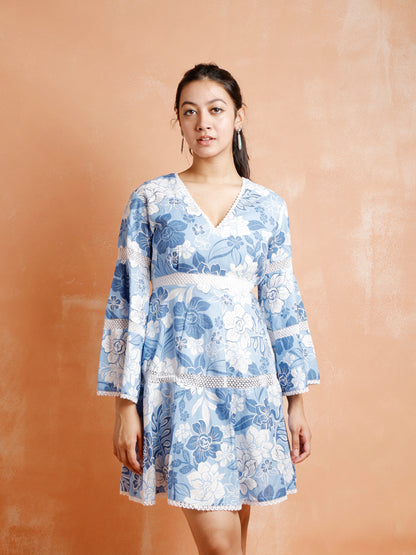 Blue Floral Dress With Lace