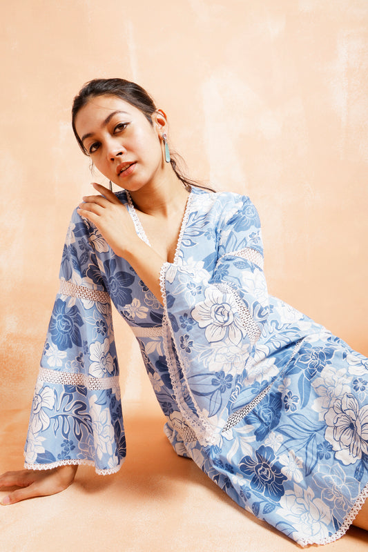 Blue Floral Dress With Lace