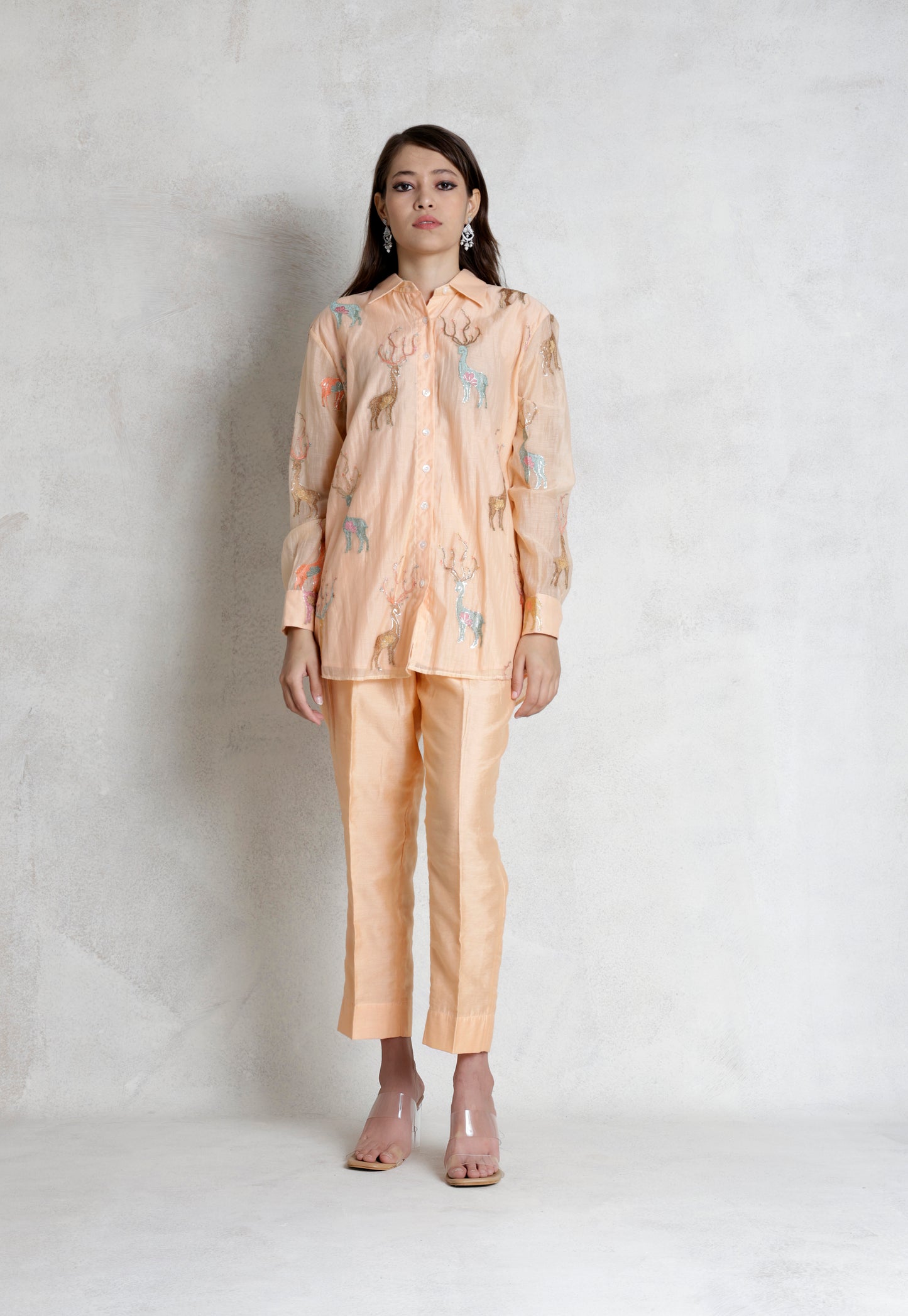 Peach Deer Print Embroidered Cord Set