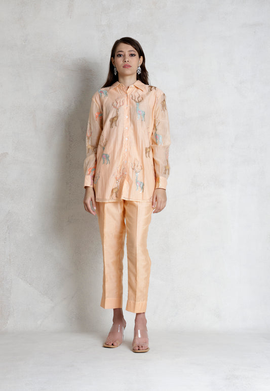 Peach Deer Print Embroidered Cord Set