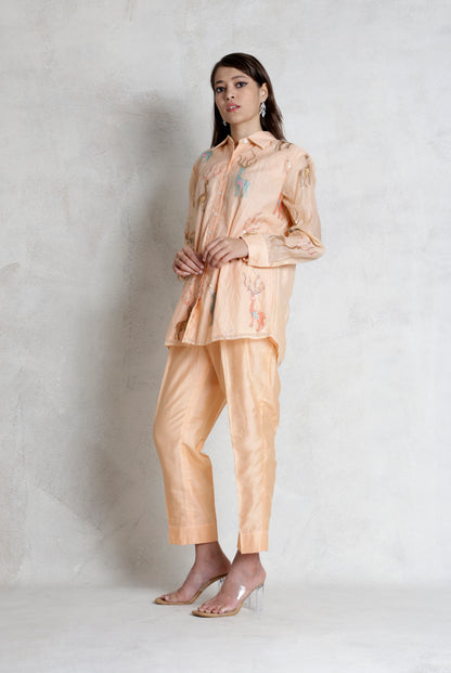 Peach Deer Print Embroidered Cord Set