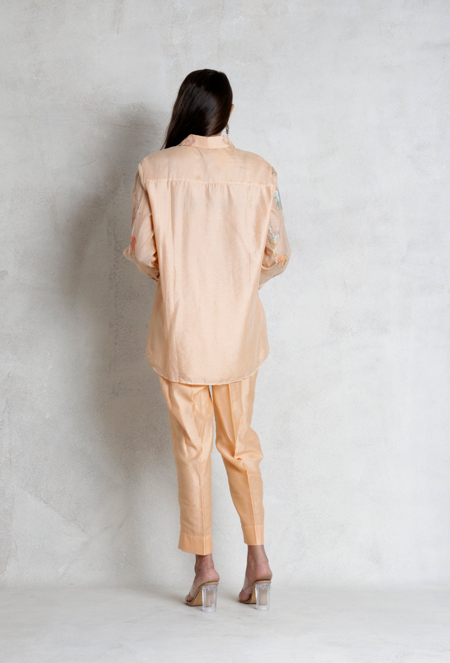 Peach Deer Print Embroidered Cord Set