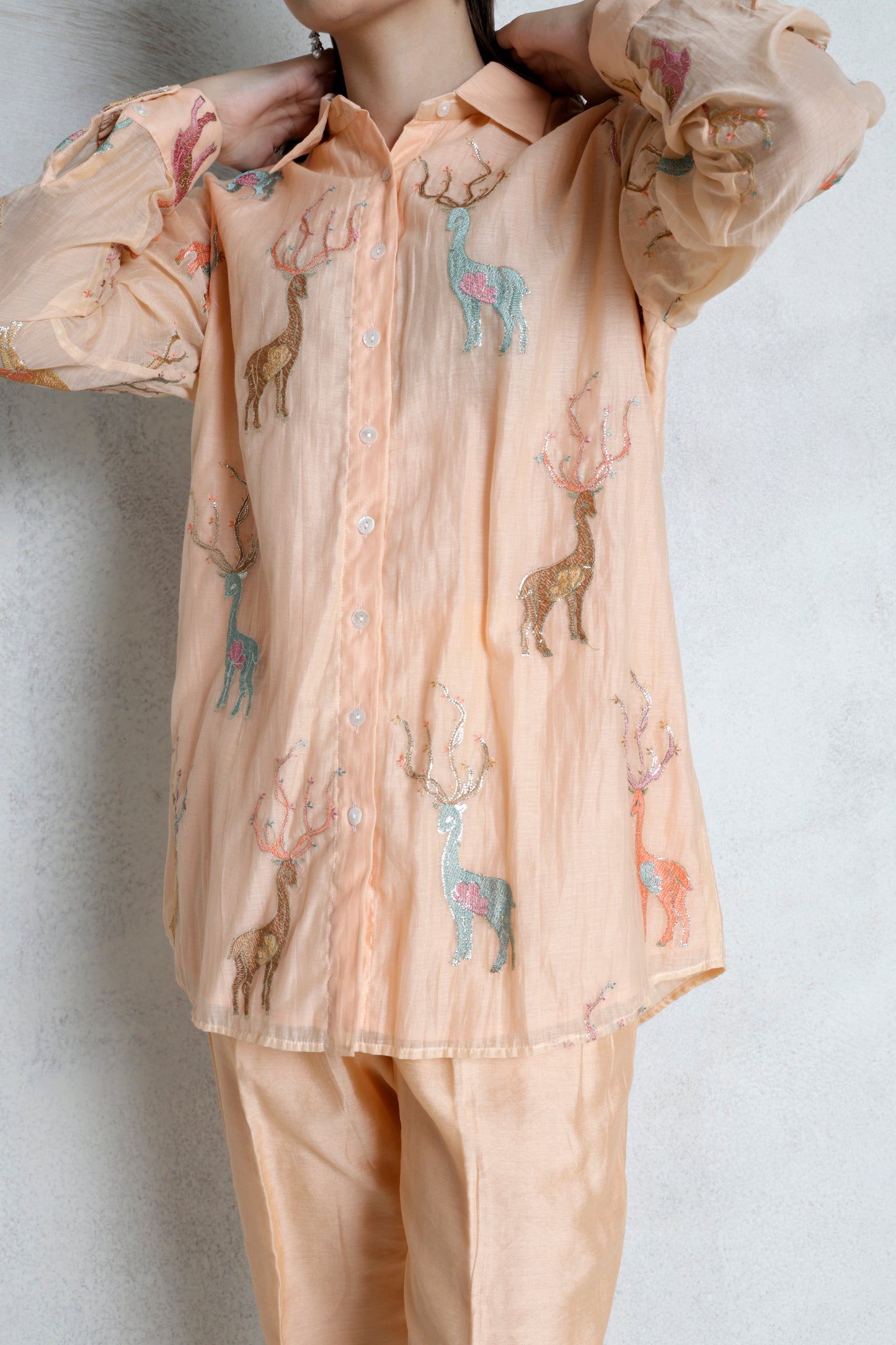 Peach Deer Print Embroidered Cord Set