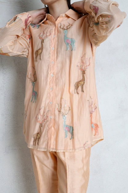 Peach Deer Print Embroidered Cord Set