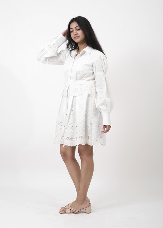 White summer cotten schiffli fabric dress