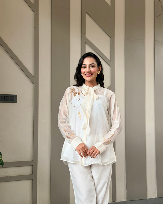 White Embroidered Tie-Neck Co-ord Set