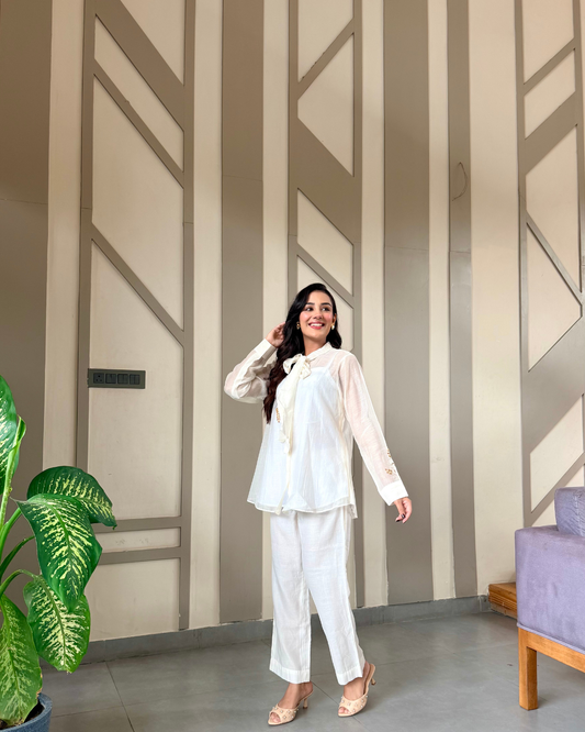 White Embroidered Tie-Neck Co-ord Set
