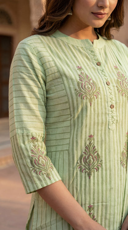 Mint Striped Embroidered Kurta Set