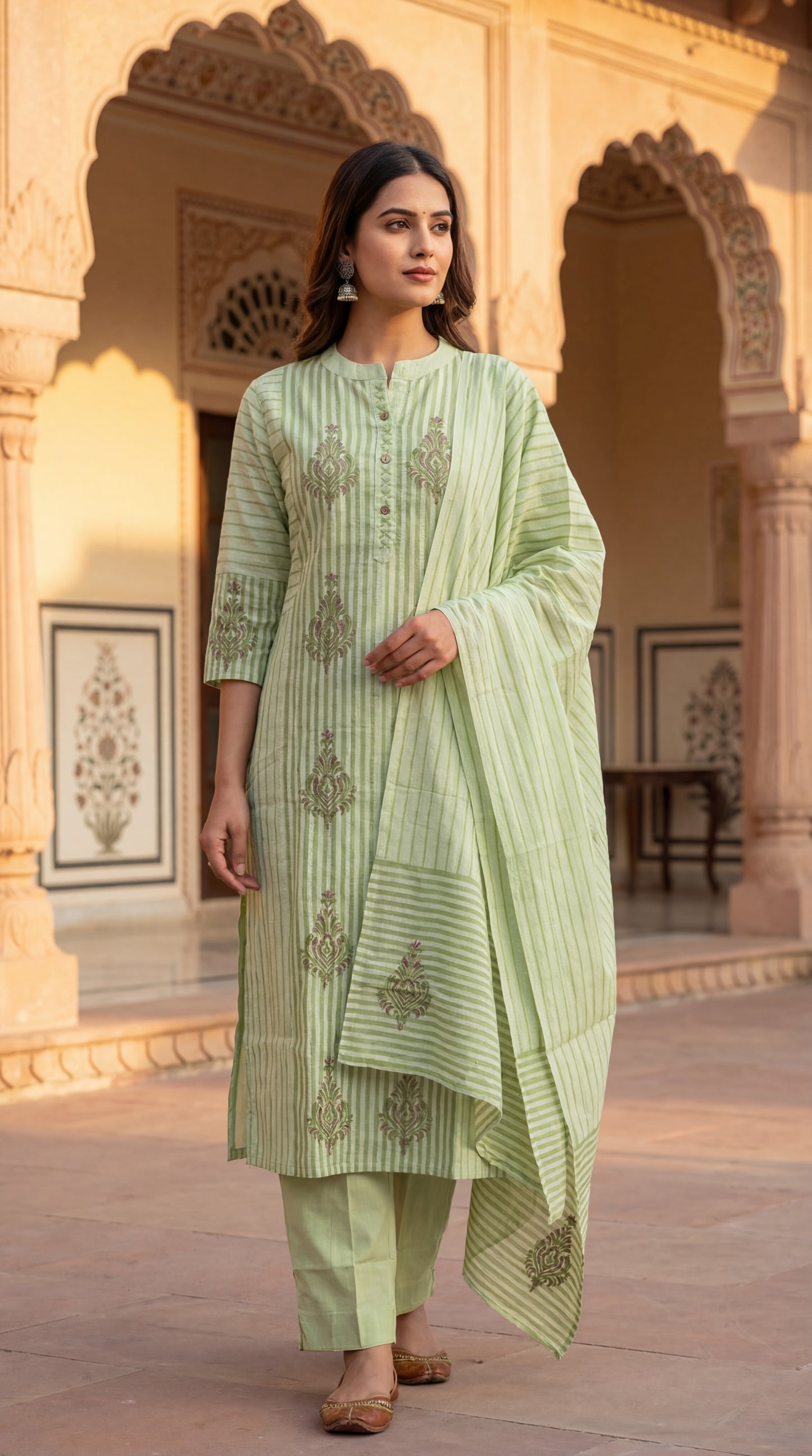 Mint Striped Embroidered Kurta Set