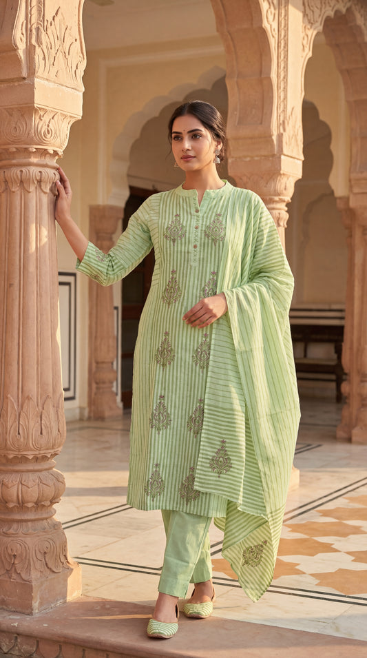 Mint Striped Embroidered Kurta Set