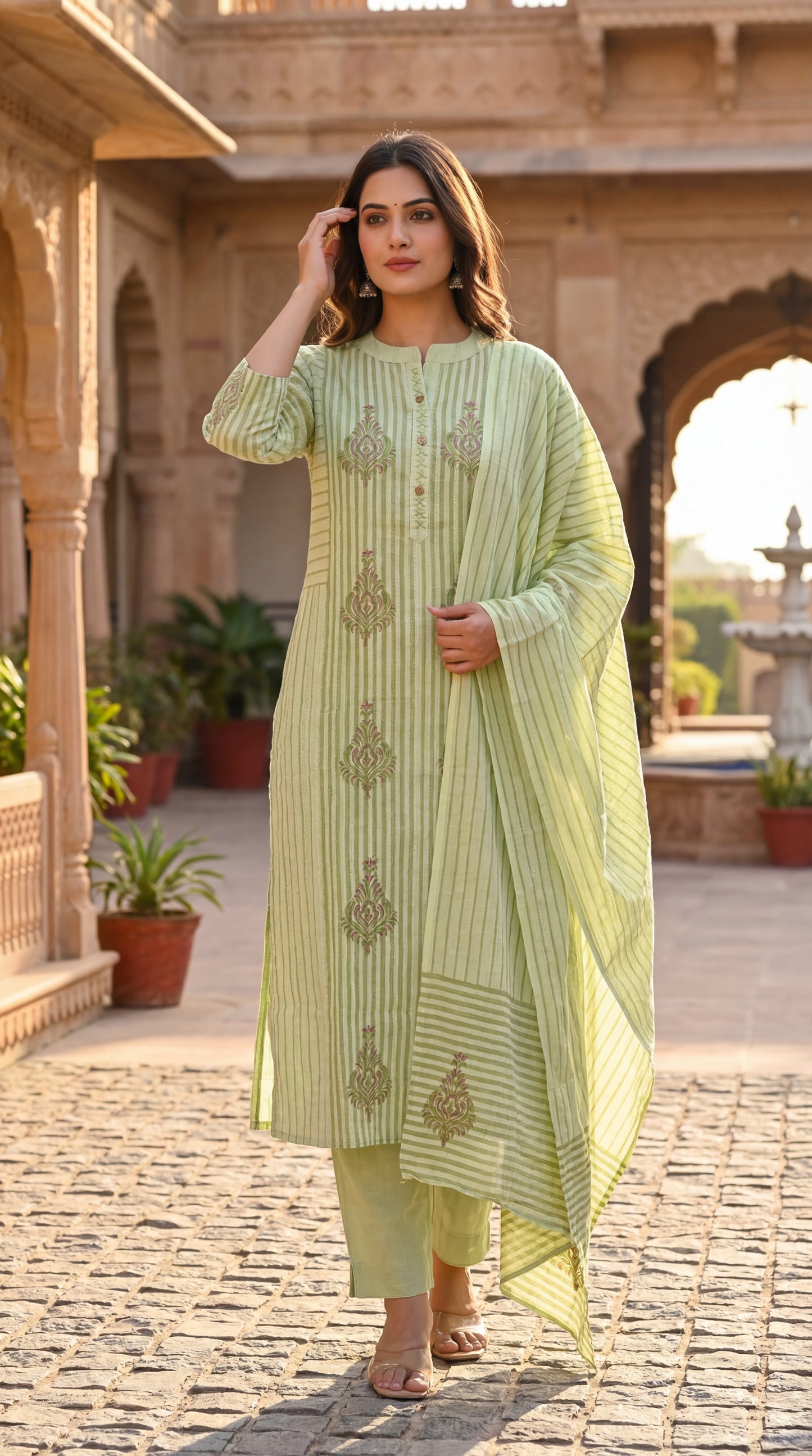 Mint Striped Embroidered Kurta Set