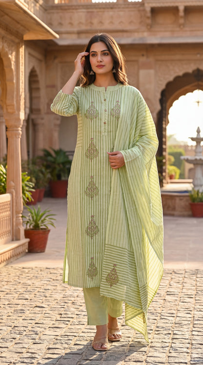 Mint Striped Embroidered Kurta Set