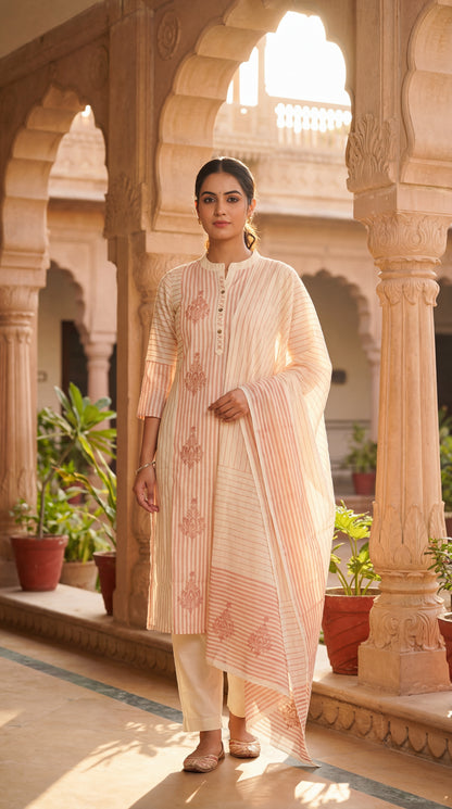 Peach Striped Embroidered Kurta Set