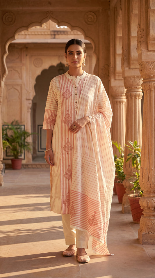 Peach Striped Embroidered Kurta Set
