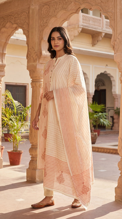 Peach Striped Embroidered Kurta Set