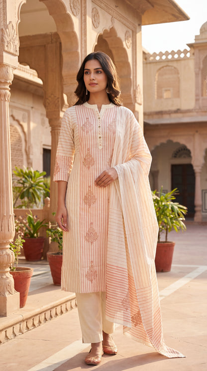 Peach Striped Embroidered Kurta Set