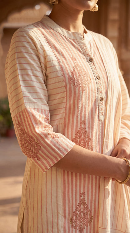 Peach Striped Embroidered Kurta Set