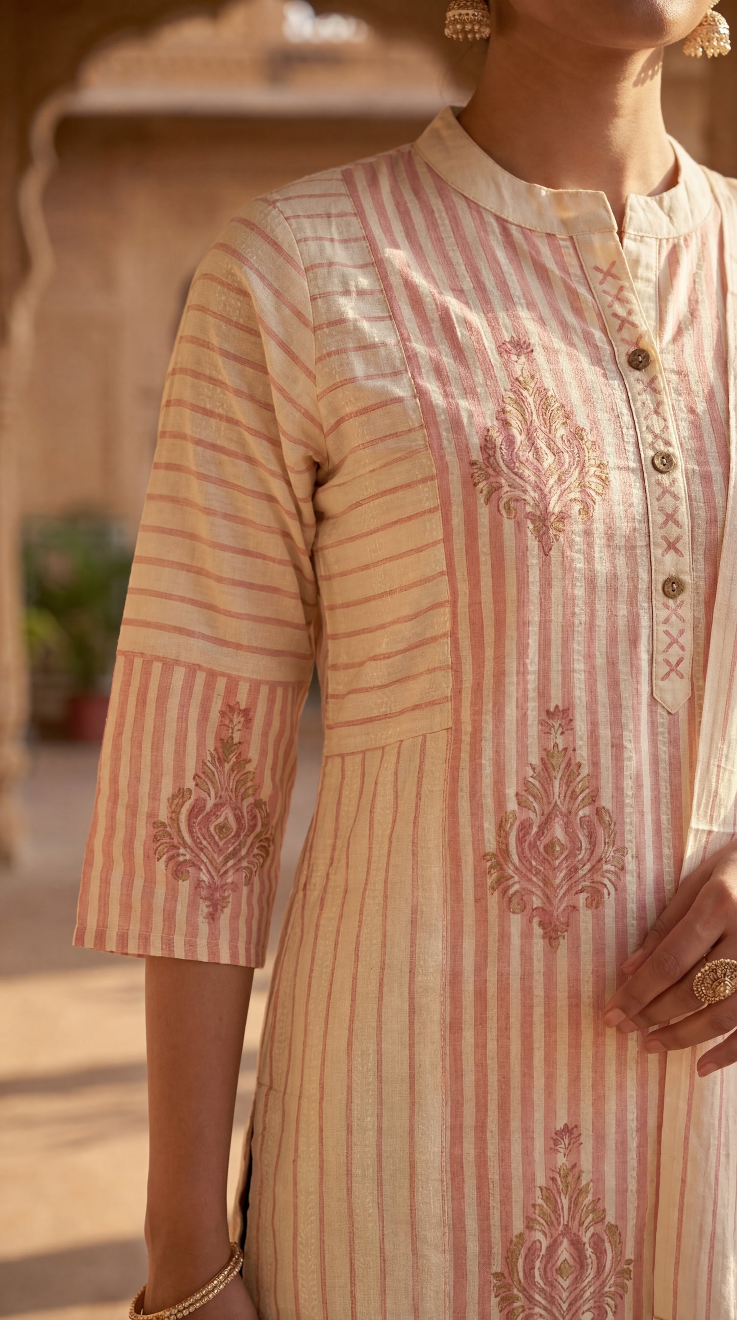 Peach Striped Embroidered Kurta Set
