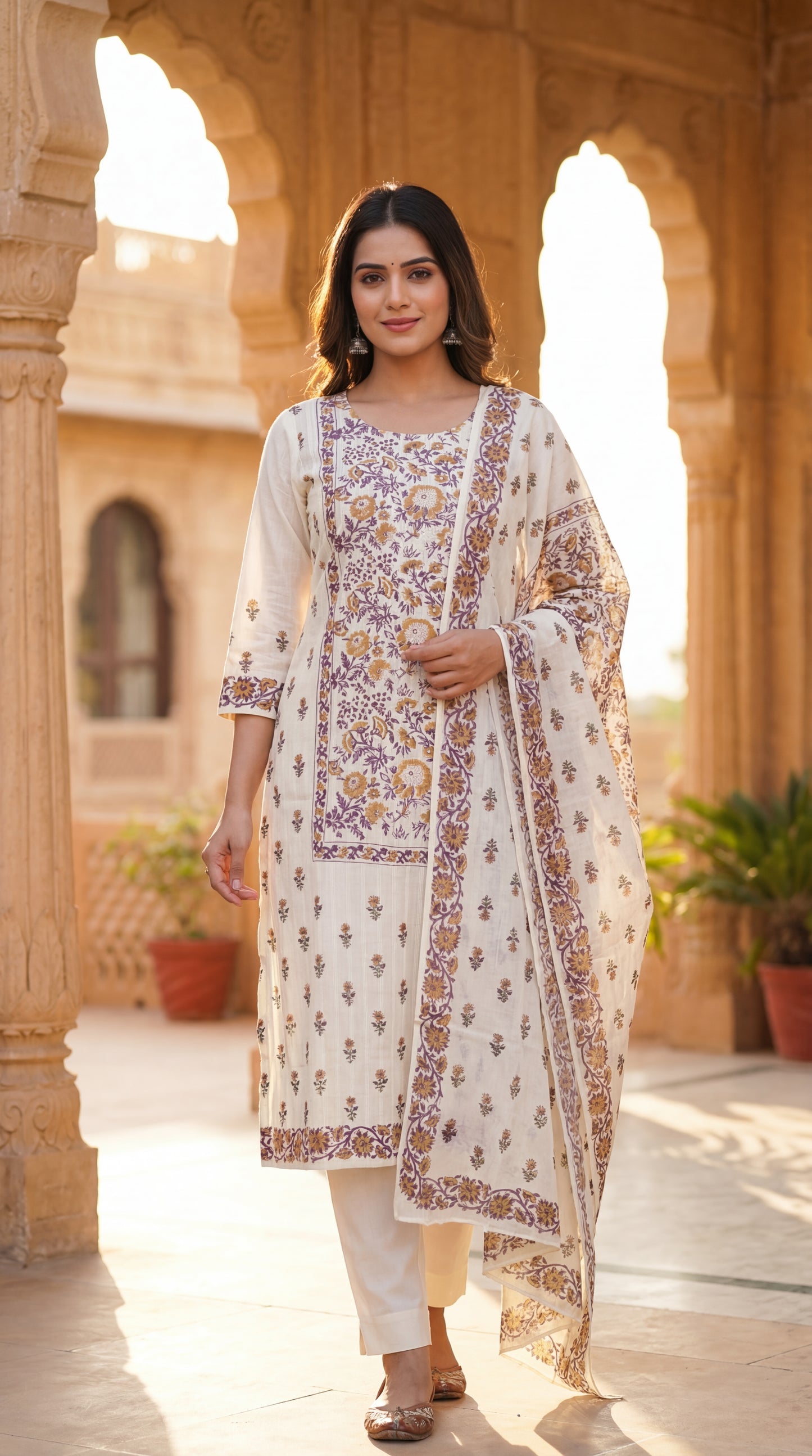 Cream Floral Printed Kurta Set