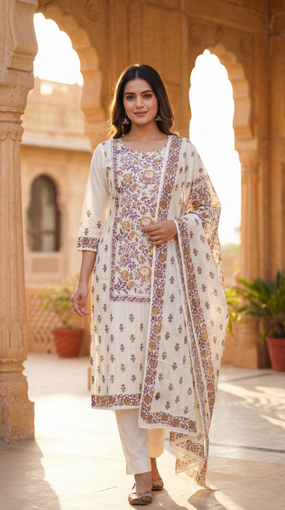 Cream Floral Printed Kurta Set