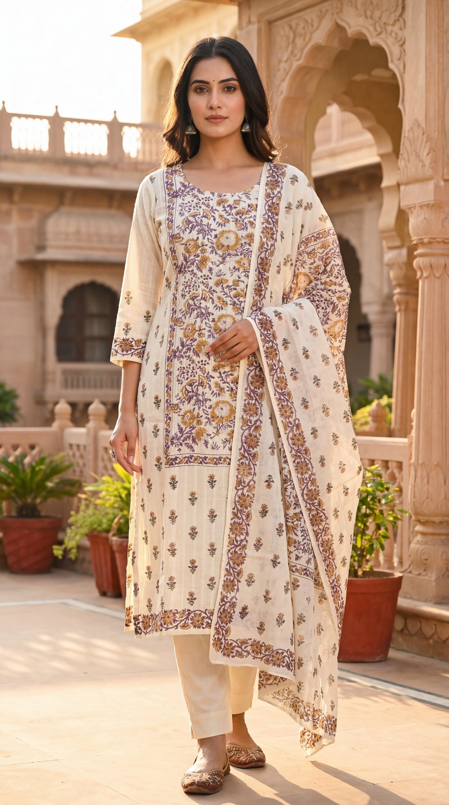Cream Floral Printed Kurta Set