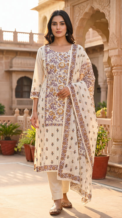 Cream Floral Printed Kurta Set