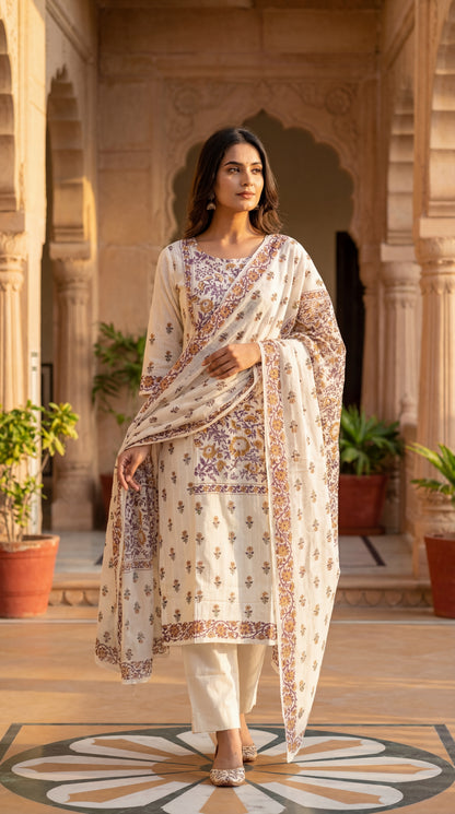 Cream Floral Printed Kurta Set