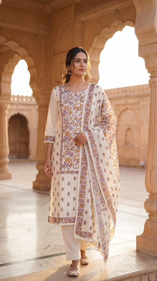 Cream Floral Printed Kurta Set