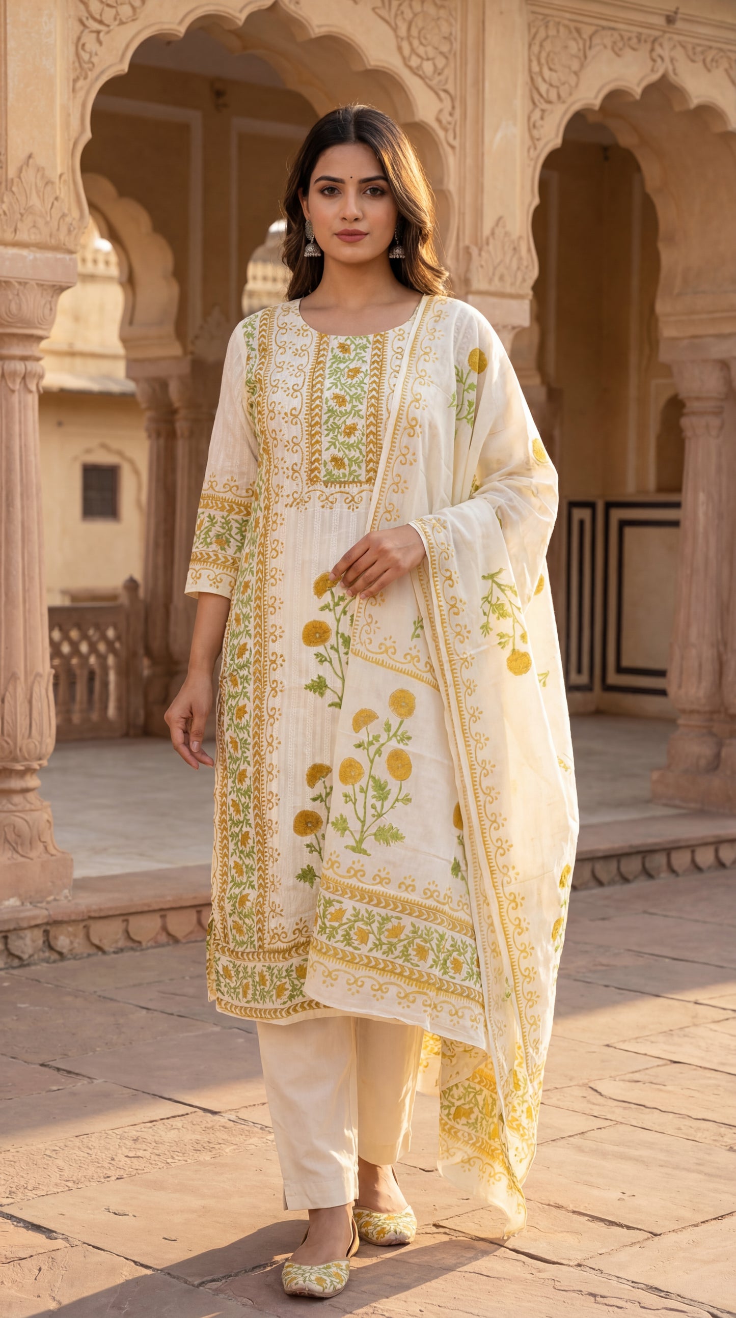 Cream Floral Printed Kurta Set