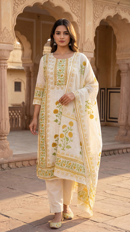 Cream Floral Printed Kurta Set