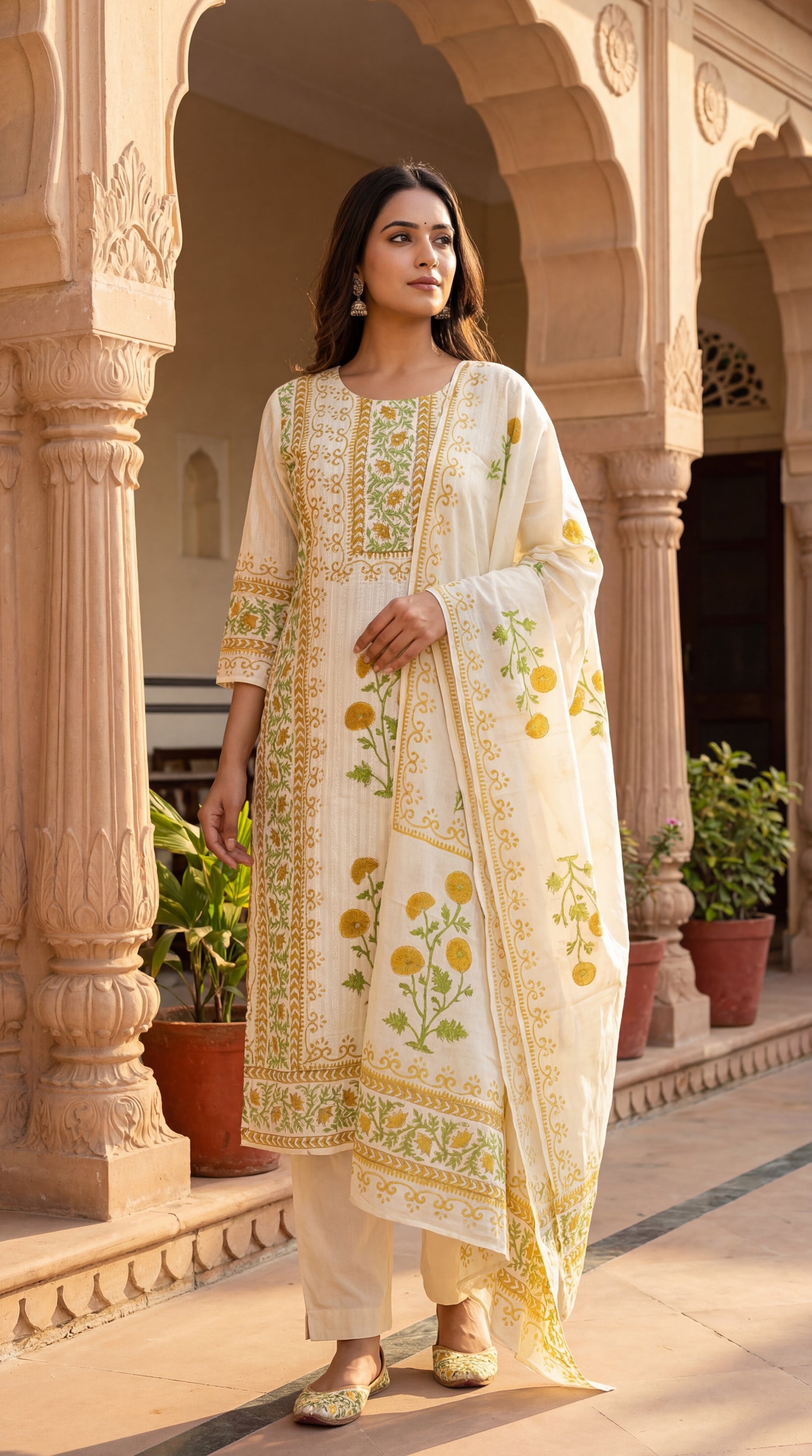 Cream Floral Printed Kurta Set