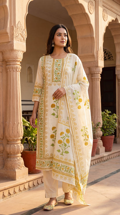 Cream Floral Printed Kurta Set