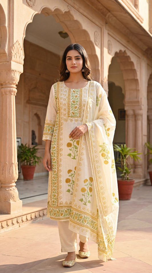 Cream Floral Printed Kurta Set