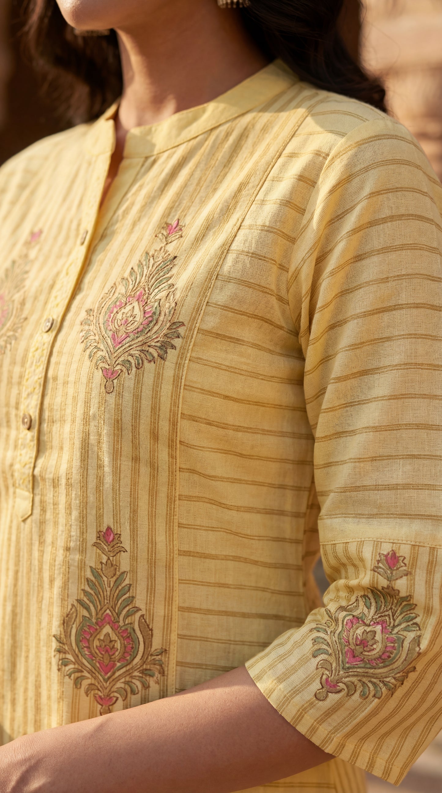 Yellow Striped Embroidered Kurta Set