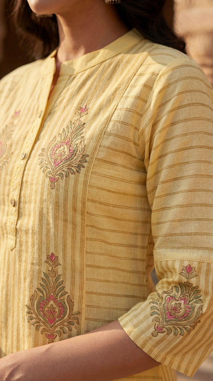Yellow Striped Embroidered Kurta Set