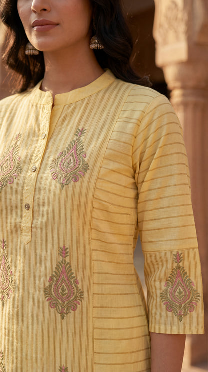 Yellow Striped Embroidered Kurta Set