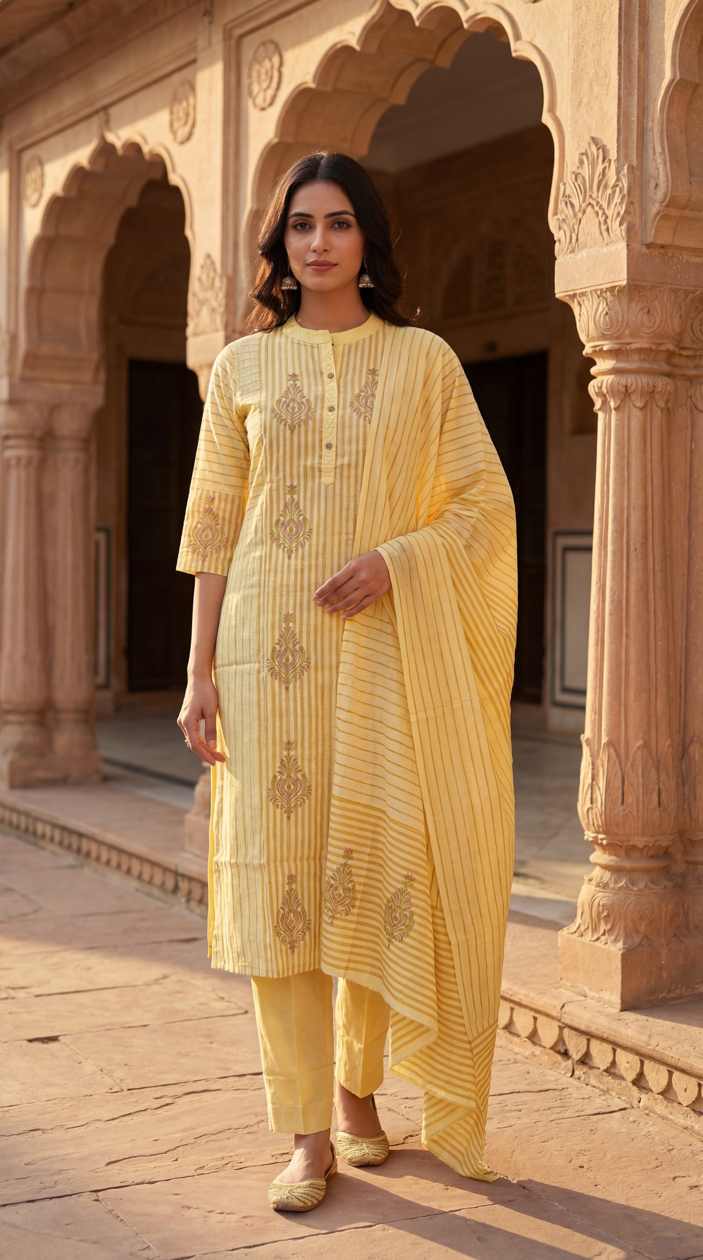 Yellow Striped Embroidered Kurta Set