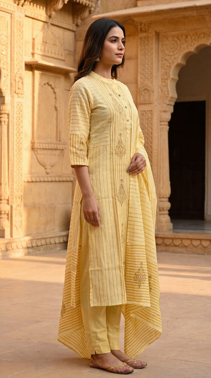Yellow Striped Embroidered Kurta Set